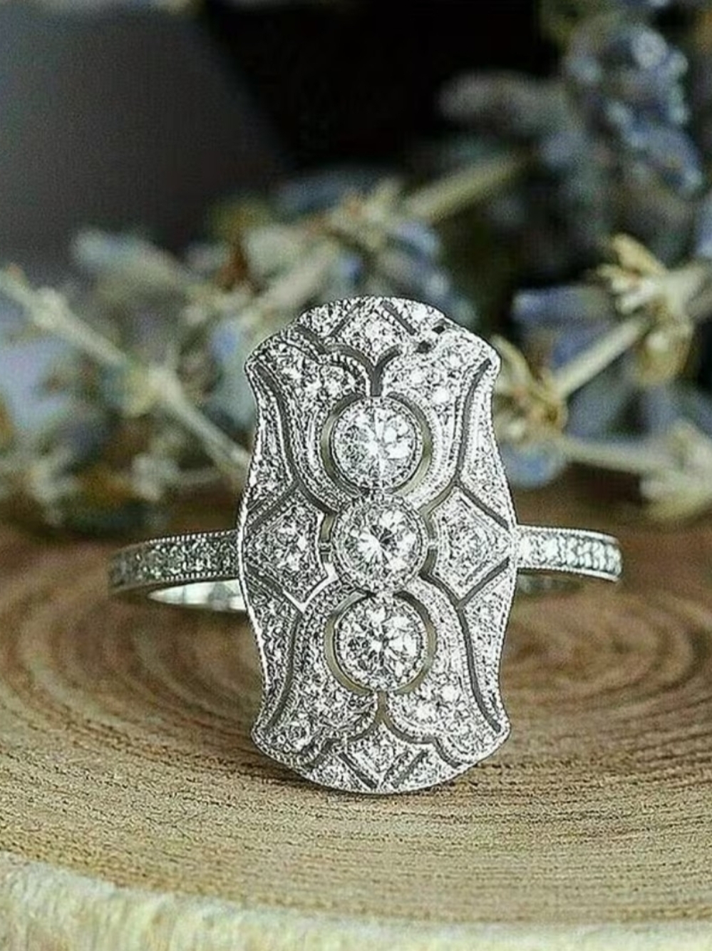 White Rhodium Art Deco Three-Stone Cocktail Ring